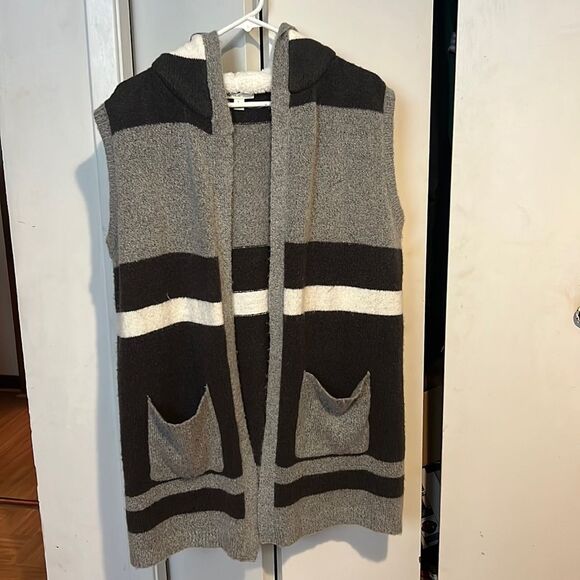 Est. 1946 Women's Sleeveless Soft Grey Striped Cardigan Fleece Hood Vest Fall L - Picture 1 of 3